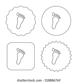 Baby footprint icon. Child foot sign. Newborn step symbol. Flat circle, star and emblem buttons. Labels design. Vector