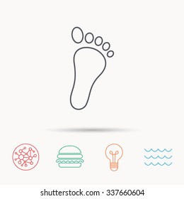 Baby footprint icon. Child foot sign. Newborn step symbol. Global connect network, ocean wave and burger icons. Lightbulb lamp symbol.