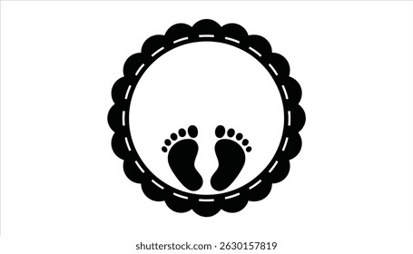 Baby Footprint Monogram Frame. Newborn Feet Circle Vector Design.