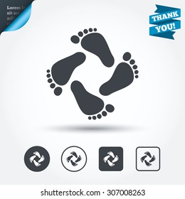 Baby footprints icon. Child barefoot steps. Toddler feet symbol. Circle and square buttons. Flat design set. Thank you ribbon. Vector