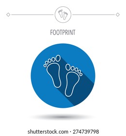 Baby footprints icon. Child feet sign. Newborn steps symbol. Blue flat circle button. Linear icon with shadow. Vector