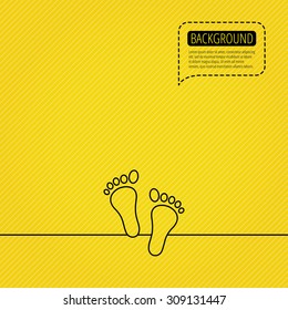 Baby footprints icon. Child feet sign. Newborn steps symbol. Speech bubble of dotted line. Orange background. Vector