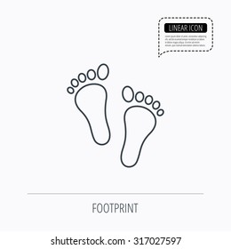 Baby footprints icon. Child feet sign. Newborn steps symbol. Linear outline icon. Speech bubble of dotted line. Vector