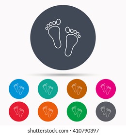 Baby footprints icon. Child feet sign. Newborn steps symbol. Icons in colour circle buttons. Vector