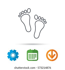 Baby footprints icon. Child feet sign. Newborn steps symbol. Calendar, cogwheel and download arrow signs. Colored flat web icons. Vector