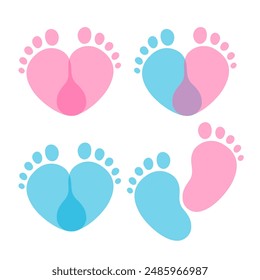 Baby Footprints Pink and Blue. Baby Shower or Gender Reveal Party Logo. Kids Barefoot Feet Imprints.