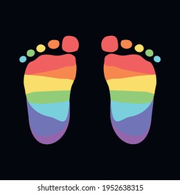 Baby footprints silhouette print drawing design isolated on black background. Colorful footprints in rainbow pastel style. Newborn. Boy or girl.