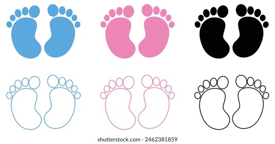 Baby footsteps vector illustration set - pairs of pink and blue footprints in flat style. white background. eps 10