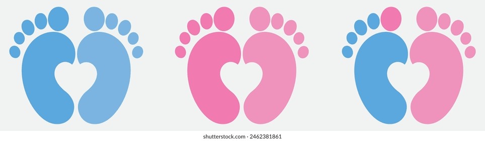 Baby footsteps vector illustration set - pairs of pink and blue footprints in flat style. white background. eps 10