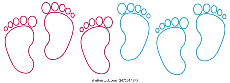 Baby footsteps vector illustration set - pairs of pink and blue footprints in flat style.