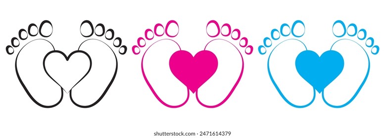 Baby footsteps vector illustration set - pairs of pink and blue footprints in flat style.