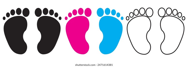 Baby footsteps vector illustration set - pairs of pink and blue footprints in flat style.