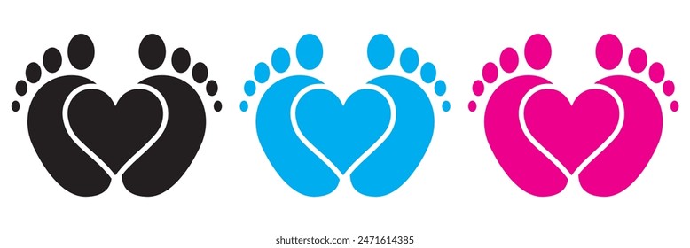 Baby footsteps vector illustration set - pairs of pink and blue footprints in flat style.