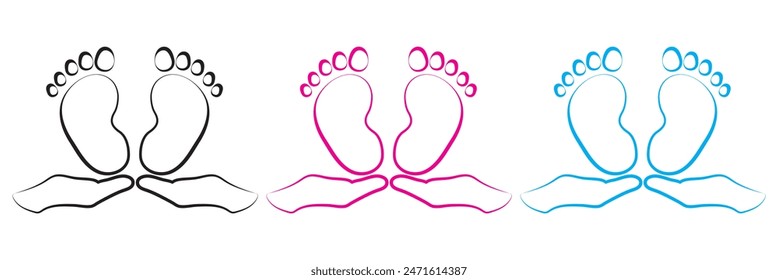 Baby footsteps vector illustration set - pairs of pink and blue footprints in flat style.