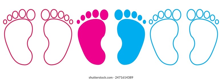 Baby footsteps vector illustration set - pairs of pink and blue footprints in flat style.