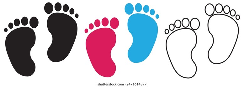 Baby footsteps vector illustration set - pairs of pink and blue footprints in flat style.