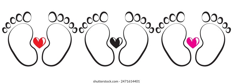 Baby footsteps vector illustration set - pairs of pink and blue footprints in flat style.