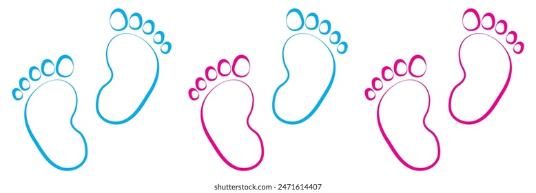 Baby footsteps vector illustration set - pairs of pink and blue footprints in flat style.