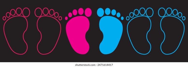 Baby footsteps vector illustration set - pairs of pink and blue footprints in flat style.