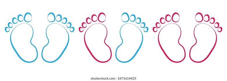 Baby footsteps vector illustration set - pairs of pink and blue footprints in flat style.