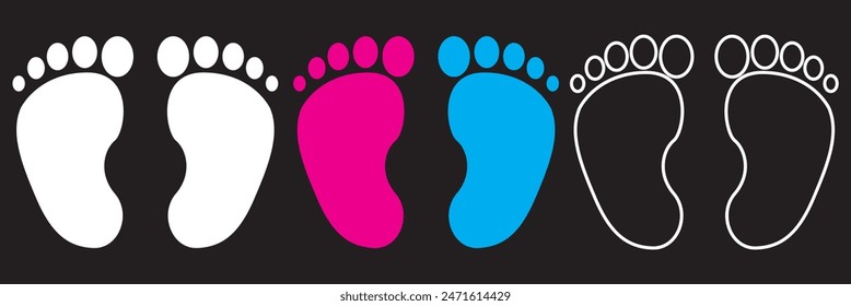 Baby footsteps vector illustration set - pairs of pink and blue footprints in flat style.