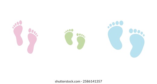 Baby footsteps vector illustration set pairs of colorful foot prints in flat style. White background. Variety colorful Design.