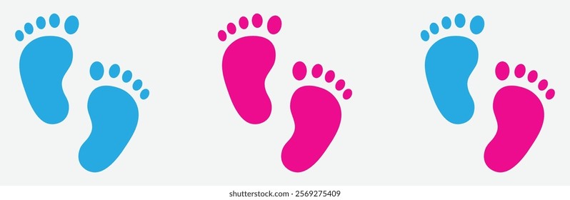 Baby footsteps vector set. Boy and girl footprints pink and blue color isolated on a white background. Pairs of pink and blue footprints. Flat style. Vector illustration.