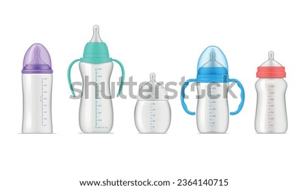 Baby formula bottle different shape color set realistic vector illustration. Empty containers with measure scale and handles for newborn liquid nutrition transparent plastic can for nursery kids feed
