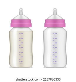 Fórmula de bebé en botella y conjunto vacío ilustraciones vectoriales realistas. Envase de plástico con pezones de látex para alimentar a los recién nacidos aislados. Caja de bebidas con escala de medida y leche de succión o agua hervida