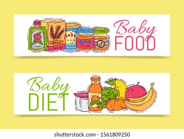 Baby formula food puree vector illustration. Complementary feeding and nutritions for kids. Babies bottles, jars and vegetables. First meal products templates for flyers