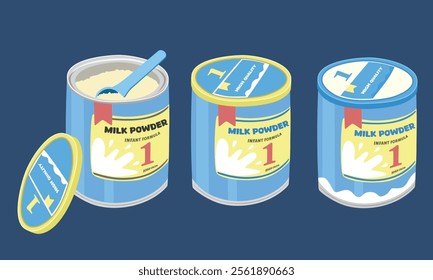 Baby formula vector illustration isolated on white background. Opened and closed baby milk powder clipart. Infant formula. Baby shower, baby food. Flat vector isolated on dark background.