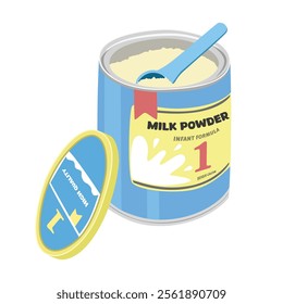 Baby formula vector illustration isolated on white background. Opened baby milk powder clipart. Infant formula. Baby shower, baby food. Flat vector isolated on white background.