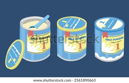 Baby formula vector illustration isolated on white background. Opened and closed baby milk powder clipart. Infant formula. Baby shower, baby food. Flat vector isolated on dark background.