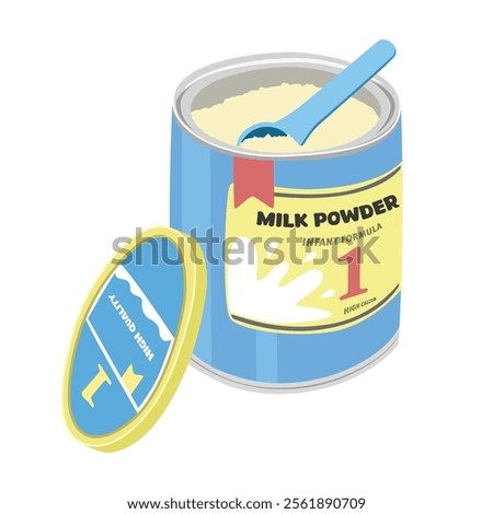 Baby formula vector illustration isolated on white background. Opened baby milk powder clipart. Infant formula. Baby shower, baby food. Flat vector isolated on white background.