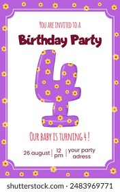 Baby fourth birthday party invitation with number 4. Greeting card concept.