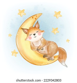 Baby fox adorable sleep on the moon watercolor
