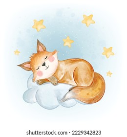 Baby fox adorable sleep on the cloud watercolor