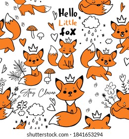 Baby fox doodle seamless pattern. Cartoon vector illustration. Cute graphic background. Print for kids. Scandinavian design for little baby room.
