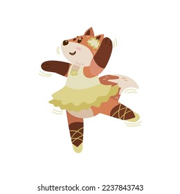 Baby fox as fairy in green tutu and pointe shoes in Scandinavian style. Cute animal ballerina character vector illustration. Ballet concept for birthday card or shirt designs for girls
