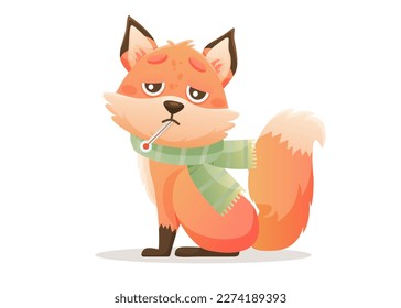 The baby fox has a high temperature. Thermometer in mouth and scarf around neck. Cute vector character got a flu.