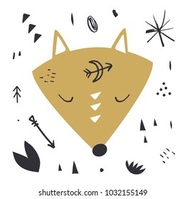 Baby fox head art, wild label, stickers and other. Decor elements for scrapbooking, postcards, cards, posters, souvenirs. 
Vector, clip art and jpg. Isolated.