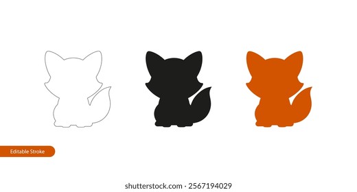 Baby Fox Illustration in Three Styles: Editable Stroke Outline, Silhouette, and Colorful