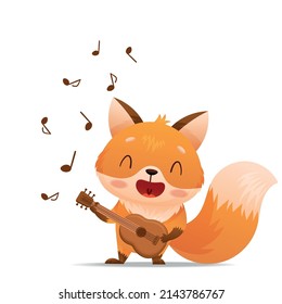 Baby fox plays the guitar and sings. Notes are flying around. Drawn in cartoon style. Vector illustration for designs, prints and patterns. Isolated on white background