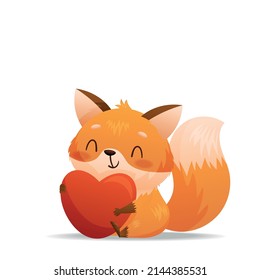 Baby fox sits and hugs a heart with love. Drawn in cartoon style. Vector illustration for designs, prints and patterns. Isolated on white background