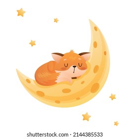 Baby fox sleeps on the moon in the form of cheese around the star. Drawn in cartoon style. Vector illustration for designs, prints and patterns. Isolated on white background