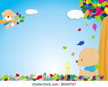 baby frame with bear, trees and birds