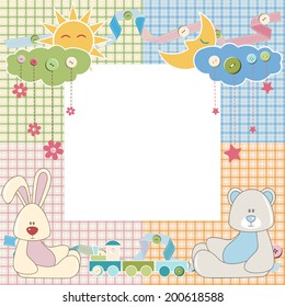 Baby frame or card with rabbit and bear. Vector illustration