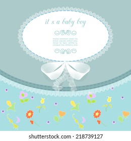 baby frame with lace, ruffles, on blue background