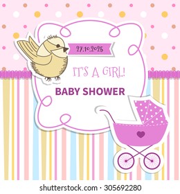 Baby frame with with lace and stroller on striped background and polka dots