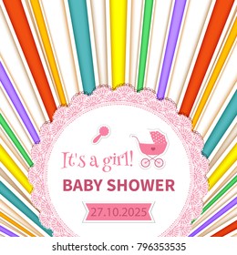 Baby frame with lace and stroller on striped rainbow background